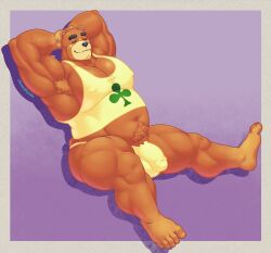 2022 animal_crossing anthro arms_up balls bara bear bulge feet furry gay hands_behind_head hunnipanda male male_only muscles muscular nintendo penis solo solo_male spread_legs teddy_(animal_crossing)