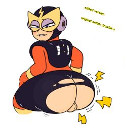 1boy ass backsack big_ass biting_lip blue_eyes butt capcom drawful-s elec_man femboy horny huge_ass huge_butt looking_at_viewer looking_back looking_pleasured male male_only mega_man robot robot_master simple_background solo text thick_ass white_background