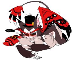 anthro blush clothing demon domestic_cat felid feline felis fur grinding hat hazbin_hotel headgear headwear heki_(artist) husk_(hazbin_hotel) male male_only mammal masturbation pillow pillow_humping simple_background smooth_skin solo text vivienne_medrano white_background wings