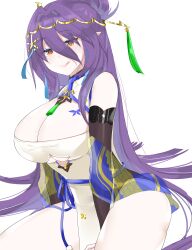 aria_(epic7) cleavage curvy elf elf_ears epic7 female huge_breasts long_hair looking_at_viewer mage pointy_ears purple_hair smiling thick_thighs yellow_eyes