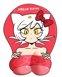 1girls 2022 absurd_res animal_ears artist_name bare_arms bare_shoulders boob_mousepad bow breast_suppress breasts cat_ears catgirl character_name cleavage clothing eyebrows_visible_through_hair female female_only hair_ribbon hands_on_chest hello_kitty hello_kitty_(character) hello_kitty_(series) highres kitty_white large_breasts looking_at_viewer minus8 mousepad oppai_mouse_pad parody pun red_clothing ribbon sanrio short_hair simple_background solo strapless url watermark white_background white_hair yellow_eyes