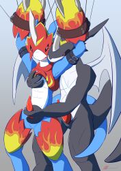 anthro armor arms_tied bandai_namco black_body blackexveemon blue_body bodily_fluids bondage bound digimon digimon_(species) duo erection flamedramon gay genital_fluids genitals hi_res imminent_sex male male/male male_only penis precum red_eyes scalie wings yaoi