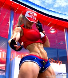 3d 3d_(artwork) abs big_ass big_breasts big_butt blender blonde_hair booty_shorts cap daz_studio eyes_covered fatal_fury female_terry gloves kazkazuma kazkazuma7 king_of_fighters muscular muscular_arms muscular_female muscular_thighs ponytail rule_63 smile snk snk_heroines:_tag_team_frenzy terry_bogard