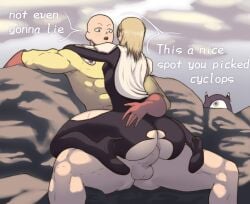 2boys anal anal_sex ass ass_focus background bald blonde_hair blonde_pubic_hair cape clothed_sex clothes clothing costume dfourctwo dialogue feet femboy flashy_flash human male male/male male_focus male_only male_penetrated male_penetrating manako_(one-punch_man) muscles muscular muscular_male on_lap one-punch_man penetration penis ripped_clothing ripped_pants rock saitama sex sitting_on_lap thick thick_ass thick_thighs thighhighs tight tight_clothing toes toes_scrunch yaoi