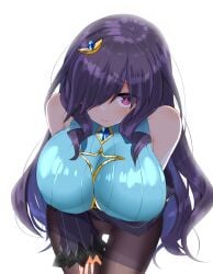blue_hair eda_(epic7) elf elf_ears epic7 female hair_ornament hair_over_one_eye huge_breasts long_hair looking_at_viewer mage pointy_ears shy staff