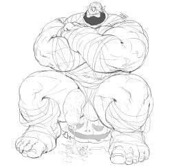 balls bandages bara beard big_balls big_penis candy gay halloween male male_only monochrome muscles muscular orc penis penis_out precum pumpkin solo solo_male spread_legs tusks zoroj