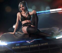 abs big_breasts black_bra black_panties blue_eyes brittany_angel cleavage corvette female_focus garter_belt grand_theft_auto grand_theft_auto_v high_heels lace lace-trimmed_bra lace-trimmed_panties lace-trimmed_thighhighs lingerie looking_at_viewer nopixel on_car only_female police policewoman ponytail red_lipstick solo_female tanuki_yaki_dev thick_thighs thighhighs toned_female white_hair