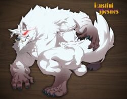 anthro balls bara big_balls bushy_tail claws digitigrade fangs fluffy_tail furry gay lustful_desires lycan lycanthrope male male_only muscles muscular red_eyes scar scars scars_on_face scars_on_thighs sharp_claws sharp_teeth solo solo_male werecanid werecanine werewolf white_fur white_hair wolf_ears wolf_tail zoroj