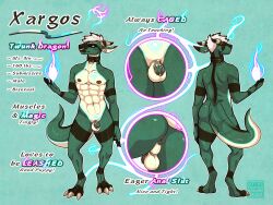 1boy abs anthro anus areye_(artist) bisexual chastity_cage chastity_device claws collar collar_only dragon ear_piercing english_text facial_piercing flesh_tunnel gauged_ear genital_piercing genitals glowing glowing_eyes glowing_markings hair hi_res horn magic magic_user male male_only markings model_sheet muscular muscular_anthro muscular_male nipple_piercing nipples nose_piercing nude piercing septum_piercing slave solo stated_bisexuality submissive submissive_male text toe_claws xargos