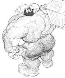 ass ass_hair back_hair bara beard eyepatch gay hairy hairy_ass hammer male male_only monochrome muscles muscular orc solo solo_male tusks weapon weapon_over_shoulder zoroj