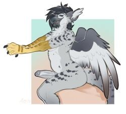 1futa anthro avian beak biped black_claws black_hair blue_eyes breasts cheek_tuft chest_tuft claws erection eyelashes facial_tuft feathered_wings feathers futanari genitals glans gloves_(marking) grey_breasts grey_ears grey_glans grey_inner_ear_fluff grey_penis grey_tail grey_wings gynomorph hair half-closed_eyes humanoid_genitalia humanoid_penis inner_ear_fluff intersex looking_at_viewer markings narrowed_eyes non-mammal_breasts open_mouth penis pupbii red_tongue shadow side_view signature simple_background sitting solo spots spotted_body tongue tuft wings yellow_body