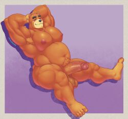 2022 animal_crossing anthro arms_up balls bara bear big_balls big_penis boner erection furry gay hands_behind_head hunnipanda male male_only muscles muscular nintendo nipples penis solo solo_male spread_legs teddy_(animal_crossing)