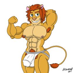 2017 abs absurd_res anthro areola armpit_hair artist_name ass balls_outline biceps big_bulge big_butt bodily_fluids body_hair bulge clothed clothing digital_media_(artwork) doritohead felid fingers flexing fur genital_fluids genital_outline hair hand_behind_head hi_res jockstrap lion long_tail looking_at_viewer male male_only mammal multicolored_body multicolored_fur muscular muscular_anthro muscular_male nipples orange_hair pantherine pecs penis_outline precum pubes short_hair simple_background smile solo standing tan_body tan_fur teal_eyes teeth tight_clothing topless topless_anthro topless_male two_tone_body two_tone_fur underwear white_background yellow_body yellow_fur