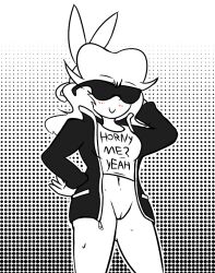 black_and_white exposed_pussy female leather_jacket lenoxmst medley_(lenoxmst) no_panties no_pants oc original_character pussy shades sketch text vagina