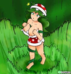 female green_eyes green_hair imminent_anal imminent_penetration imminent_rape imminent_sex lenoxmst mario_(series) medley_(lenoxmst) nipples original_character piranha_plant piranha_plant_(cosplay) piranha_plant_girl public surprised tentacle tentacle_between_breasts vines wrapped