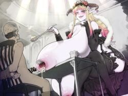 1boy 1girls big_breasts breast_milk danchizuma demon demon_horns demoness dripping_milk feeding gaping_nipples giantess hyper_breasts lactation long_breasts nipple_penetration nipples pinkwainran_(artist) sagging_breasts size_difference smegma speculum spoon_feeding spoon_feedingrnwtf