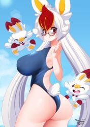 1girls :p animal_ears arched_back ass back_cutout blue_sky breasts bunny_ears bunny_girl bunny_tail cinderace clenched_hand female glasses hair_between_eyes highleg highleg_swimsuit humanized impossible_clothes impossible_swimsuit large_breasts long_hair looking_at_viewer looking_back multicolored_hair one-piece_swimsuit outdoors personification pokemon rabbit red_eyes scorbunny sideboob smile solo sweater swimsuit tail tiger1001 tongue_out twintails very_long_hair