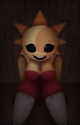 1girls 2022 animatronic big_breasts breasts breasts_focus daycare_attendant_(fnaf) female_only five_nights_at_freddy's five_nights_at_freddy's:_security_breach fnaf jembbrowm kneeling looking_at_viewer milf ripped_clothing robot robot_girl rule_63 smile smiling sundrop thick_thighs thighhighs