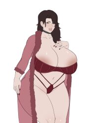 1girls alternate_breast_size arc_family_crest barely_clothed barely_contained big_ass bimbo bimbo_lips black_hair choker cinder_fall collar collar_tag female female_only gold_eyes large_breasts lingerie milf plump plump_lips rwby solo symbol venus_body ysr3215