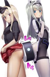 2girls alice_gear_aegis ass ass_press blonde_hair blue_eyes bodysuit darius_burst female ia_rehtona red_eyes sasayuki silver_hair skirt skirt_lift ti2