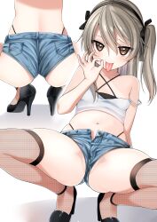 armpits ass bare_shoulders black_panties blonde_hair blue_shorts blush breasts brown_eyes fellatio_gesture female fishnet_legwear fishnets girls_und_panzer hair_ornament hair_ribbon high_heels highres long_hair looking_at_viewer midriff navel open_mouth panties petite ribbon ruruepa shimada_arisu shiny shiny_hair short_shorts shorts small_breasts solo spread_legs squatting sweat thighhighs thong tongue tongue_out underwear