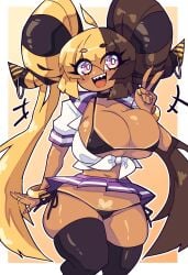 1girls ahoge aife_(zanamaoria) big_breasts big_horns bikini black_thighhighs blonde_hair bracelet brown_hair choker curved_horns daigada dark-skinned_female dark_skin demon_girl demon_horns female female_only gyaru hair_on_horn heart heart_tan hi_res horns j5daigada long_hair looking_at_viewer open_mouth purple_eyes ring school_uniform sharp_teeth skirt sleeves_rolled_up smiling smiling_at_viewer solo solo_female succubus tan_skin tanline thick_thighs thigh_squish thighhighs thong_straps two_tone_hair v_sign