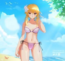 1girls akimonmon01 arm_up artist_name bare_arms bare_shoulders bikini bird blonde_hair blue_sky blush breasts cameltoe cloudy_sky collarbone crab feather_hair_ornament feathers female female_only flower genshin_impact hair_ornament highres looking_at_viewer lumine_(genshin_impact) ocean open_mouth pink_bikini sand seagull signature solo standing sunlight surprised_expression thighs tree water wet white_flower yellow_eyes