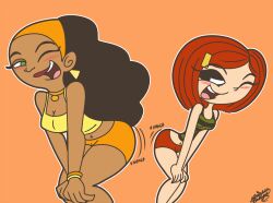 2girls black_hair crossover dancing danny_phantom dark_skin ear_rings grojband hair laney_penn long_hair multiple_girls princesscallyie red_hair short_hair shorts twerking valerie_gray