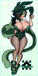 1girls blush bunny_ears bunnysuit choker cleavage female female_only fishnet_pantyhose fishnets green_eyes green_hair hair_over_one_eye hi_res humanoid joeydrawss long_hair looking_at_viewer marine original pointy_ears shark_girl shark_tail shoes sneakers solo solo_female tail tammie_(joeydrawss) thick_thighs thin_waist wide_hips