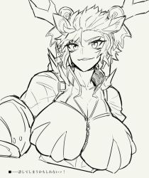 animal_ears armor big_breasts dragon_girl dragon_horns female horns huge_breasts kemonomimi mature_female melon22 sharp_teeth short_hair sketch tomboy uncolored yu-gi-oh! zoodiac_drident