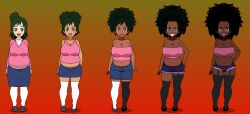 2022 afro big_belly bimbo bimbofication black_hair blackification breast_expansion cleavage dark_skin ebonization exposed_belly female hair_color_change hair_growth high_heels inko_midoriya kisekae large_breasts light_skin my_hero_academia obese paridece race_swap solo thick_thighs transformation transformation_sequence weight_loss