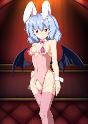 alternate_costume animal_ears bat_wings bikini blue_hair breasts bunny_ears cleavage closed_mouth detached_collar eyebrows_visible_through_hair feet_out_of_frame female female hand_on_hip kagayama_hajime leotard looking_at_viewer micro_bikini pink_bikini pink_legwear pink_leotard playboy_bunny rabbit_ears red_eyes remilia_scarlet short_hair smile solo standing swimsuit thighhighs touhou wings wrist_cuffs