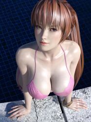 1girls 3d 3d_(artwork) bikini breasts brown_eyes cleavage cute dead_or_alive female female_only happy hxwxrf kasumi_(doa) large_breasts lips looking_at_viewer nipples_visible_through_clothing orange_hair pink_bikini pink_lips pink_lipstick playful playful_smile ponytail pool pose posing red_hair relaxed relaxing smile solo sweet