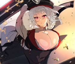 azur_lane bangs breasts cleavage eyebrows_visible_through_hair female floating_hair fur_collar graf_zeppelin_(azur_lane) hat highres large_breasts long_hair looking_at_viewer military military_hat military_uniform naze purple_eyes sidelocks silver_hair skirt solo standing uniform white_skirt