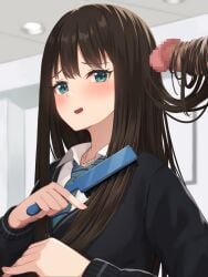 bangs blurry blush brown_hair cardigan censored depth_of_field female green_eyes hair hair_brush hair_brushing hair_on_penis hairjob highres idolmaster idolmaster_cinderella_girls jewelry kurowan long_hair long_sleeves looking_at_viewer mosaic_censoring necklace necktie open_mouth penis shibuya_rin solo striped_necktie upper_body