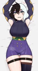 1girls armpits arms_up black_hair bland0_0 blush clothing embarrassed eyeshadow female female_only green_eyes green_lipstick heart-shaped_pupils hi_res legband legs_together looking_at_viewer lying lying_on_back medium_hair narrowed_eyes solo solo_female teeth_clenched thigh_gap thigh_squish two_tone_hair white_hair yorra_villeneuve zirca_2036