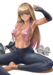 arm_up armpits bare_shoulders barefoot black_legwear blonde_hair breasts brown_eyes dark-skinned_female dumbbell earrings female female gradient_hair jewelry leggings long_hair multicolored_hair navel okumori_boy original pink_hair simple_background topless