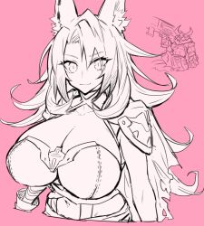 armor big_breasts cat_ears catgirl cleavage duel_monster female huge_breasts kemonomimi long_hair looking_at_viewer mature_female melon22 sketch tri-brigade_ferrijit_the_barren_blossom uncolored yu-gi-oh!