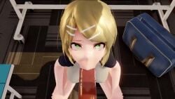 1boy 1girls 3d :>= ambiguous_pov animated blonde_hair blowjob bouncing_breasts cum cum_in_mouth cum_on_face cum_out_nose fellatio gagged green_eyes indoors kagamine_rin large_breasts large_penis mikumikudance penis shirt short_hair sound syonobons tearing_up tears uncensored video vocaloid voice_acted