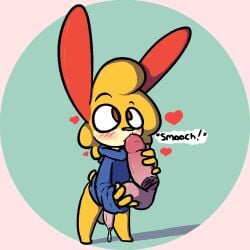 2019 anthro ball_grab balls blush clothed clothing duo genitals hoodie kissing lagomorph leporid male male/male mammal oral partially_clothed penis penis_kissing pizza_rabbit_(rabblet) rabbit rabblet solo_focus topwear