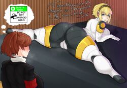 2girls aegis_(persona) aigis_(persona) android armband armwear ass atlus blush cameltoe clothing dialogue fully_clothed huge_ass human kotone_shiomi looking_back multiple_girls musk musk_clouds musky persona persona_3 presenting presenting_hindquarters slushiebest smell smelly steam steaming_body steamy sweat sweatdrop sweating sweaty text thick_thighs yuri