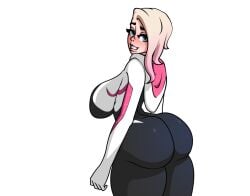 1girls ass asymmetrical_hair blonde_hair blue_eyes bodysuit breasts female female_only fully_clothed gigantic_ass gwen_stacy huge_ass huge_breasts large_ass large_breasts looking_at_viewer looking_back marvel marvel_comics scolexxx sideboob solo spider-gwen spider-man_(series) thick_ass thick_thighs voluptuous white_background