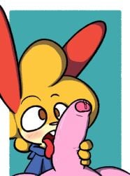 2019 anthro big_penis blush bodily_fluids clothed clothed_sex clothing duo genital_fluids genitals hoodie lagomorph leporid licking male male/male mammal oral penile penis penis_lick pizza_rabbit_(rabblet) precum rabbit rabblet sex solo_focus tongue tongue_out topwear