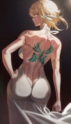 1girls 2022 ass ass_cleavage ass_focus back back_tattoo back_view backboob backless_outfit blonde_hair breasts butt_crack cozyu dress elegant_dress female female_only genshin_impact gold_eyes hair_ornament hand_on_hip hips huge_breasts large_ass looking_at_viewer looking_back looking_over_shoulder lumine_(genshin_impact) medium_hair simple_background slim_waist tattoo thick_thighs thighs tight_clothing tight_dress wide_hips