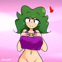 green_eyes green_hair heart lenoxmst medley_(lenoxmst) nipple_bulge nipples_visible_through_clothing no_pants oc original_character purple_topwear suggestive_look