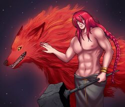 1boy 1girls 2022 elden_ring fromsoftware light-skinned_male male muscular_male pickledginger radagon_of_the_golden_order red_hair red_wolf_of_radagon topless_male wolf