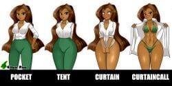 1girls abs bikini blush breasts cameltoe chuyryu cleavage covering_crotch curtain_call_challenge dark-skinned_female dc dc_comics dc_super_hero_girls embarrassed female female_only flashing jessica_cruz latina meme open_shirt pants_removed solo thick_thighs thigh_gap undressing wide_hips