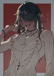 1boy 2022 black_hair black_nails bracelet chest demon demon_boy fangs hair_over_one_eye long_hair male male_only mouth_open navel_piercing nijisanji nijisanji_en nipple_chain nipple_piercing nipples open_mouth rr_ayan tongue tongue_out tongue_piercing topless virtual_youtuber vox_akuma yellow_eyes