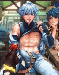 3boys aether_(genshin_impact) armpit_hair bludwing chongyun_(genshin_impact) genshin_impact leaking male male_focus multiple_boys navel_hair sweat sweatdrop tagme tongue_out xingqiu_(genshin_impact) yaoi