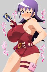 ;) alternate_breast_size armpit_crease armpits bangs bare_shoulders belt blush breasts card choker closed_mouth covered_erect_nipples curvy deck dress duel_masters female fingerless_gloves gloves highres holding holding_card jewelry kani_club large_breasts long_hair looking_at_viewer one_eye_closed purple_eyes purple_hair smile solo tasogare_mimi trading_card